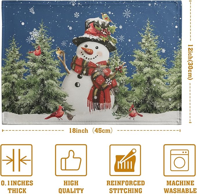 Blue Snowman Christmas Placemats Set of 4 Xmas Tree Cardinal Snowflakes Linen Table Mats Seasonal Winter Holiday Place Mats Washable Placemat for Party Kitchen Dining Outdoor Indoor Decor