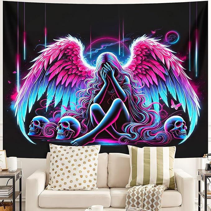 Blacklight Tapestry,WingTapestry Glow In The Dark,UV Reactive Black Light Upright Posters Wall Hanging for Bedroom Dorm Living Room Backdrop Decor (wing1, 79L" x 59W")