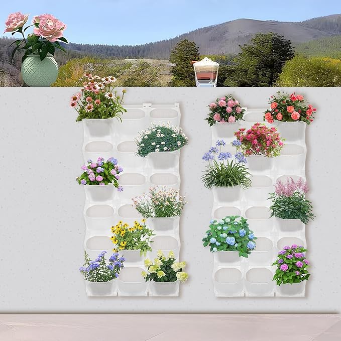 12Pieces 3-Pot Wall Planter Vertical Garden Plant Walls Wall Mounted Vertical Planter with Water-Storage Layer Stackable Wall-Mounted Flower Pot for Gardens, Balconies 180.78lbs Total Capacity (White)