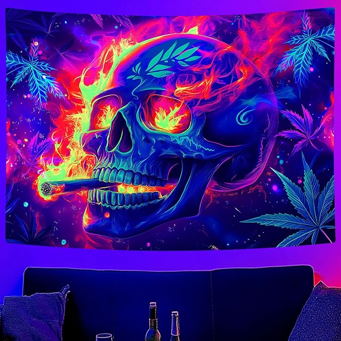 Blacklight Skeleton Tapestry, Glowing Skull UV Reactive Gothic Wall Hanging Tapestries, Glow in the Dark Grim Reaper Magic Horror Face Halloween Poster Tapestry for Bedroom Living Room Decor 60X40IN