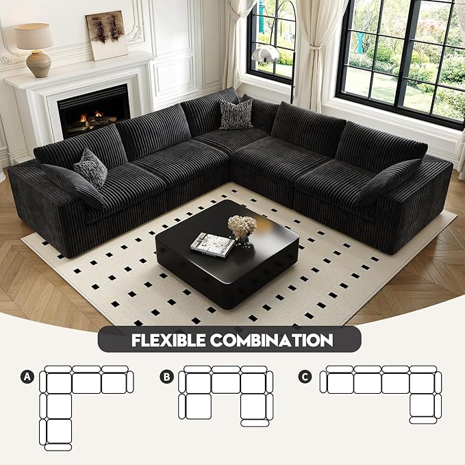 118" Cloud Couch Oversized Modular Sectional Sofa for Living Room,Modern Sofa with Deep Seat,V Shaped Boneless Couch,Comfy Upholstered Corduroy Couches for Apartment, Studio, Office,Bedroom,Black