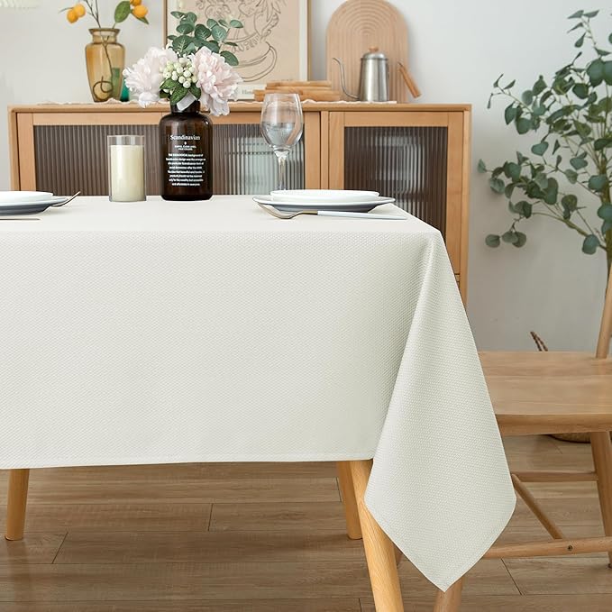Biscaynebay Textured Fabric Square Tablecloths 60x60 Inches, Ivory Water Resistant Table Cloth Small Card Folding Table Covers Linen for Dining, Kitchen, Wedding and Parties etc. Machine Washable