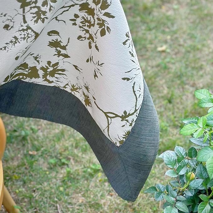 French Jacquard Rectangle Tablecloth, Wrinkle Free Green Table Cloth with Vintage Edge, Floral Outdoor Table Cover for Dining, Farmhouse, Wedding - 60''x108''