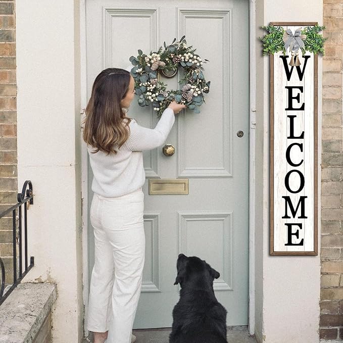 Surfapans Welcome Sign for Front porch Standing 45"X9"Large Wood Frame Outdoor Tall Welcome Signs Vertical Decor for Farmhouse Rustic Home Modern Outside Front Door Wall Decorations (Wood White)