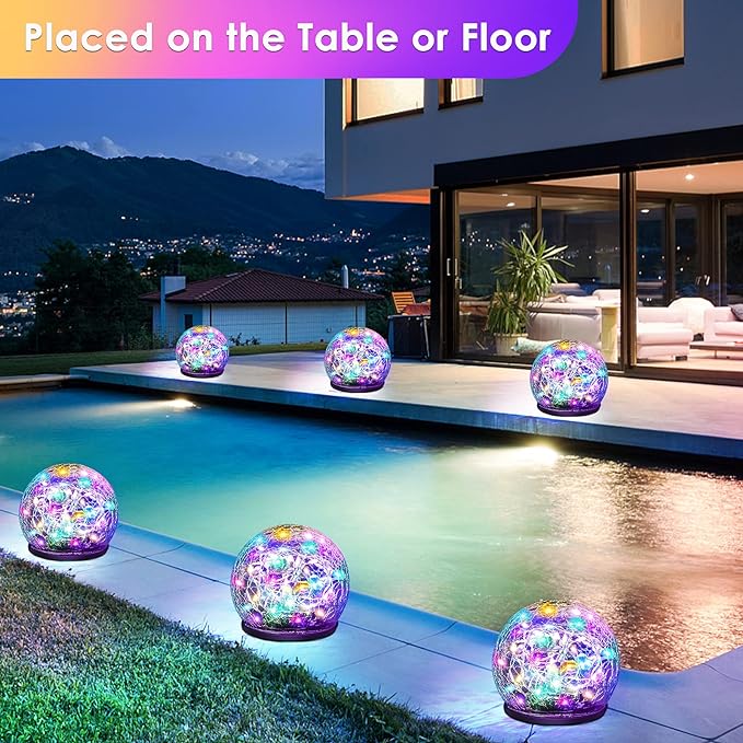 Solar Garden Lights, 4 Pack 120 LED Multicolor Cracked Glass Outdoor Decorative, Upgraded Waterproof Ball for Yard Pathway Patio Lawn Christmas Outside Decor, 3.94"