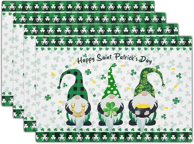 St Patricks Day Placemats Green Gnome Gold Coin Shamrock Placemats Set of 4 Buffalo Plaid Spring Holiday Linen Place Mats for Kitchen Dining Party Table Home Decoration Size 12x18 Inches