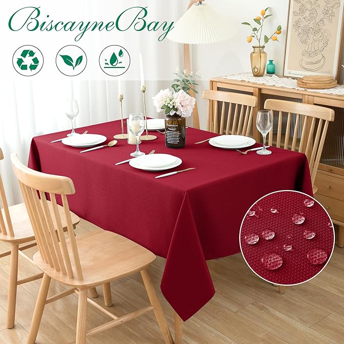Biscaynebay Textured Fabric Christmas Table Cloth Rectangle 60x84 Inches, Red Water Resistant Spill Proof Tablecloths for Dining, Kitchen, Wedding and Parties, Machine Washable