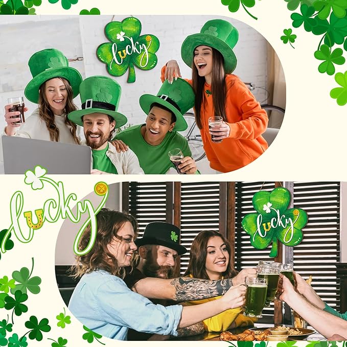 Boao St. Patrick's Day Shamrock Door Hanger Welcome Wooden Hanging Sign Lucky Irish Wood Wreath Decor for Happy St. Patrick's Day Party Front Door Wall Home Decorations