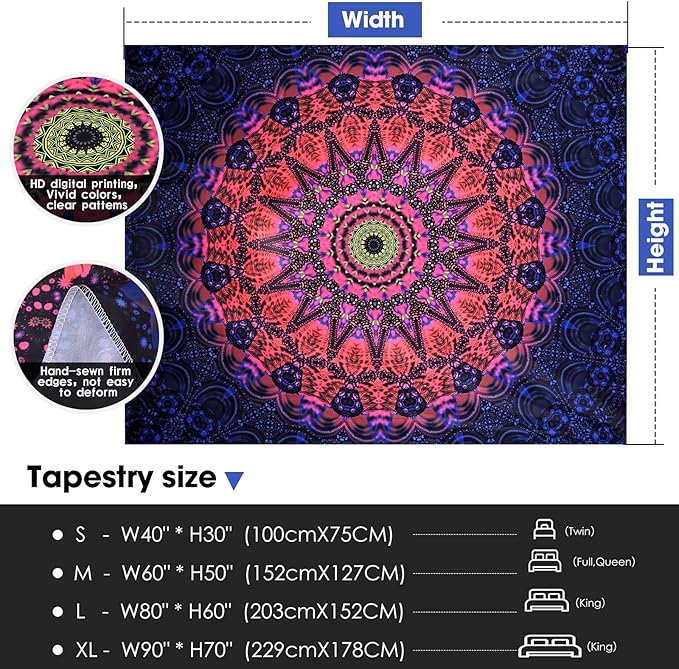 ADDWel Blacklight Mandala Boho Tapestry Glow In The Dark, Black Light Bohemian Hippie Poster Wall Hanging for Bedroom Aesthetic Wall and Room Decor (50" x 60", Mandala)