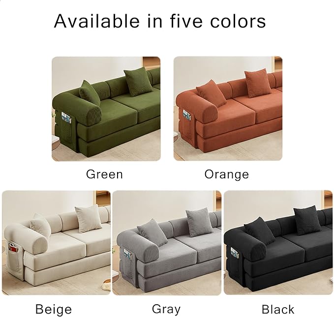 107" Oversized Convertible Sleeper Sofa Bed, Corduroy L Shape Sectional Couch, Folding Sofa Bed with Side Pocket, Modern Cloud Floor Mattress Couch, Modular Sofa for Living Room, Orange