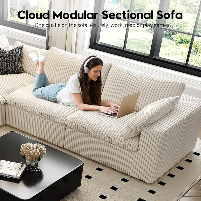 118" Cloud Couch Modular Sectional Sofa for Living Room,Modern Sofa with Deep Seat,L-Shape Boneless Couch with Ottoman,Comfy Upholstered Corduroy Couches for Apartment, Studio, Office,Bedroom,White