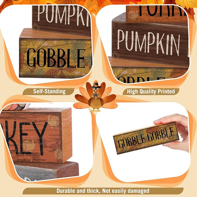 4 Pcs Fall Decorations for Home Thanksgiving Tiered Tray Decor Fall Table Decor Thanksgiving Centerpiece Rustic Wooden Turkey Block Sign for Autumn Harvest Party Table Kitchen Shelf