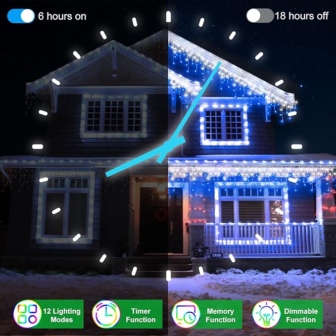 66FT 666 LED Outdoor Christmas Lights - 148 Ice Drops, 12 Pro Modes with Timer Memory & Brightness, Waterproof Hanging Ice String Light for Holiday Wedding Garden Fence House Decor (White & Blue)