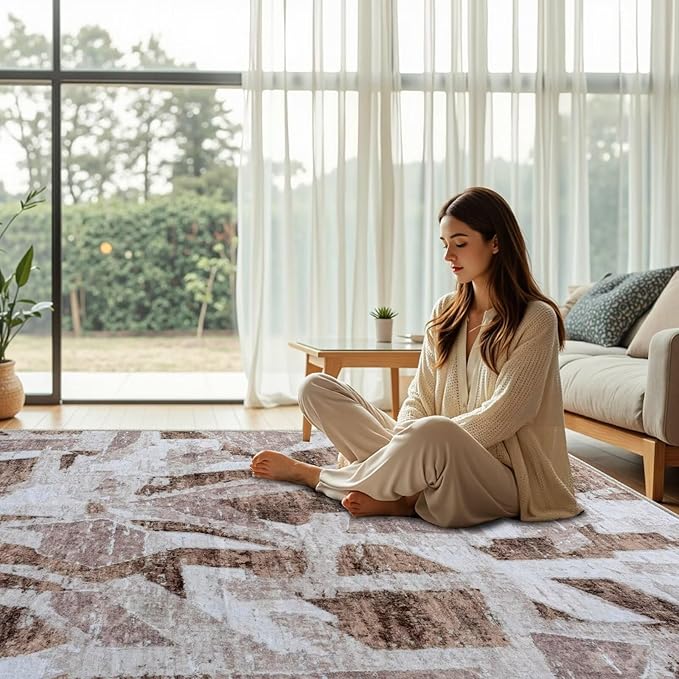Modern Abstract 8X10 Area Rug for Living Room Bedroom Washable, Non-Slip Rubber Backing Print Faux Wool Thin, Brown Throw Large Carpet for Kids Playroom Dining Room Pet & Child Friendly