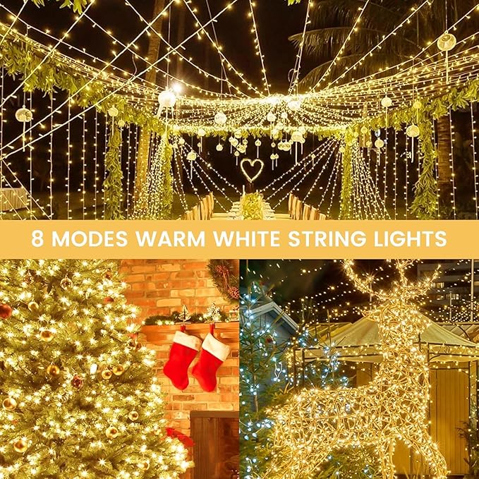 4 Pack String Lights Battery Operated with Timer, 132FT 400 LED Waterproof Battery Twinkle Lights, 8 Modes Fairy Light for Indoor Outdoor Party Bedroom Garland Tree Christmas Decorations (Warm White)
