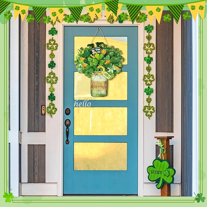 Boao Welcome St. Patrick's Day Door Hanger Shamrock Wooden Hanging Sign Lucky Irish Wood Wreath Decor for Happy St. Patrick's Day Party Front Door Wall Home Decorations