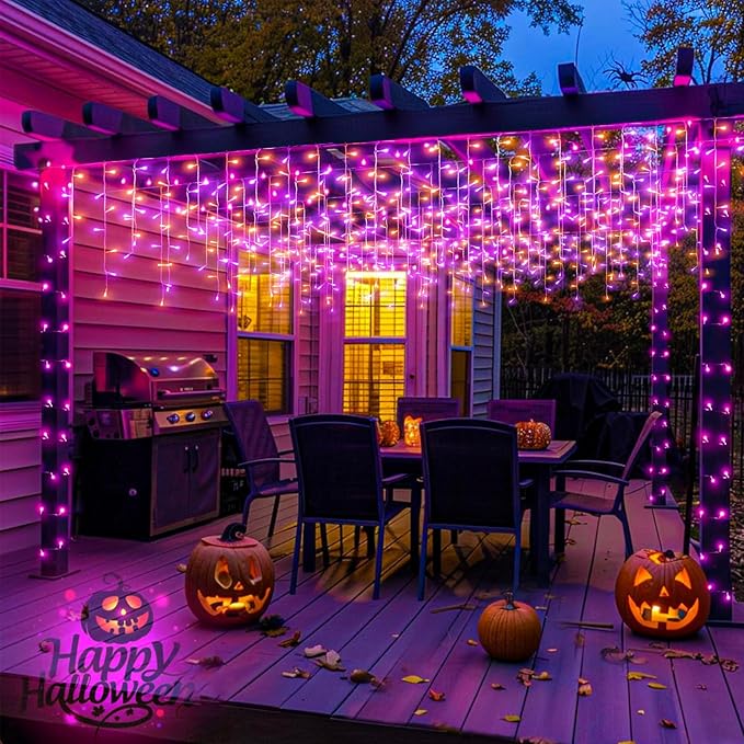 66ft Halloween Lights Outdoor, 640 LED Icicle Lights for Outside, Orange and Purple Twinkle Lights with Connectable Clear Wire 8 Modes Timer Waterproof for House Party Tree Holiday Yard Decorations