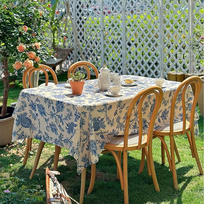 Blue and White Rectangle Tablecloth, Waterproof Outdoor Table Cloth, Dining Table Cover for Farmhouse, Wedding, Dinner, Picnic - Spring/Summer, 54"x72", Blue Flower