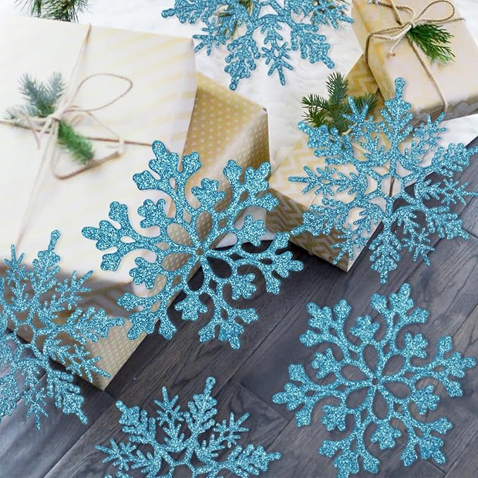 6pcs Large Snowflakes Ornaments Blue 12” Big Plastic Glitter Snowflake for Winter Indoor Outdoor Christmas Tree Window Room Decorations Giant Craft Snowflakes