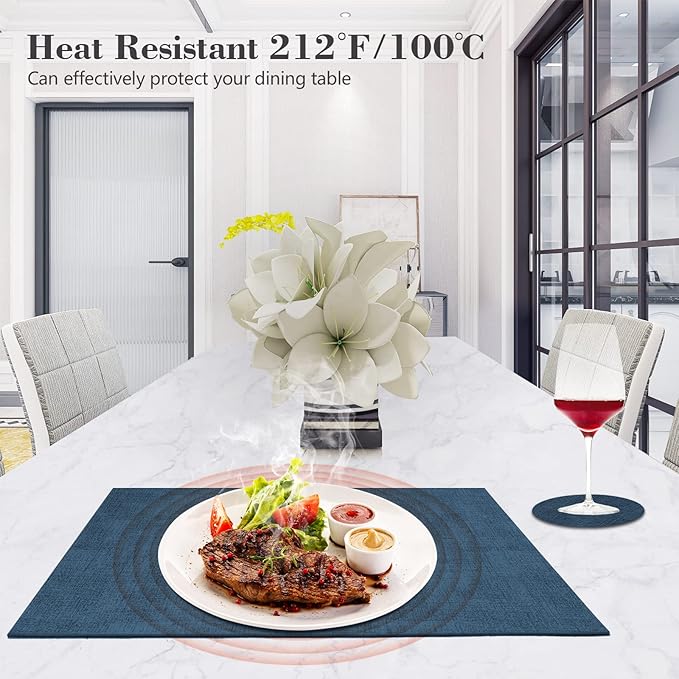Faux Leather Placemats Set of 6,Heat Resistant Placemats for Dining Table, Easy Clean Non-Slip Place Mats, Waterproof Stain Resistant Wipeable Washable PU Table Mats, (Navy Blue)