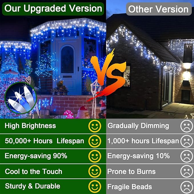 60FT 612 LED Outdoor Christmas Lights - 136 Ice Drops, 12 Pro Modes with Timer Memory & Brightness, Waterproof Hanging Ice String Light for Holiday Wedding Garden Fence House Decor (Blue & White)