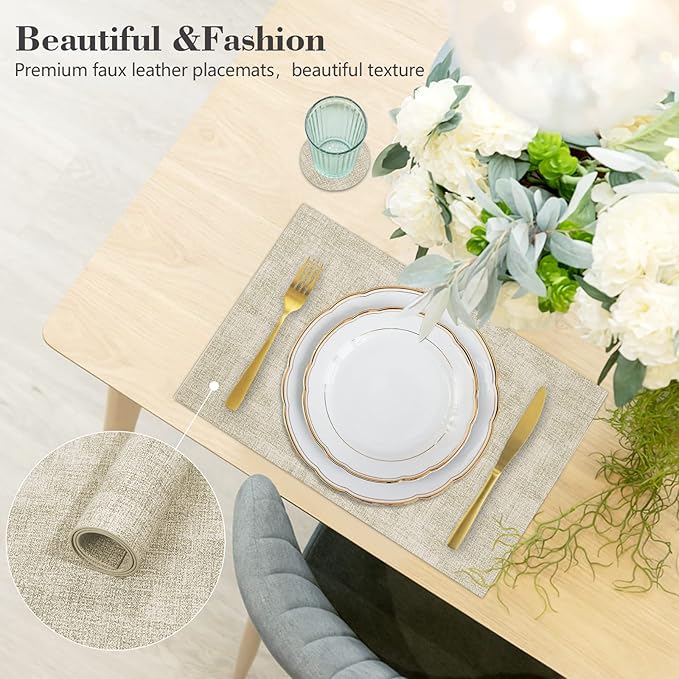 Faux Leather Placemats Set of 6,Heat Resistant Placemats for Dining Table, Easy Clean Non-Slip Place Mats, Waterproof Stain Resistant Wipeable Washable PU Table Mats, (Beige)