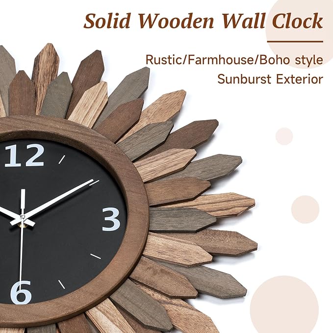 Honiway 16 Inch Wall Clocks, Rustic Wood Boho Sunburst Decorative Wall Clock Battery Operated Silent Non Ticking Farmhouse Large Wall Clocks for Living Room Kitchen Bedroom Home Decor (Tricolor)