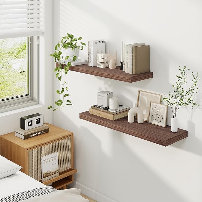 Fun Memories Floating Shelves for Wall, 32 Inch Rustic Wood Wall Mounted Shelves for Bathroom, Bedroom, Kitchen, Living Room, Deep Floating Shelves for Storage & Home Decor (Walnut, Set of 2)