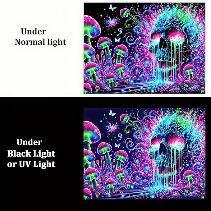 BlissYard Glowing Tapestry Blacklight Skull Tapestry 78x59 Inch Psychedelic Skull Mushroom UV Reactive Neon Mushroom Galaxy Space Tapestry Wall Hanging for Living Room Bedroom Party Backdrop Decor
