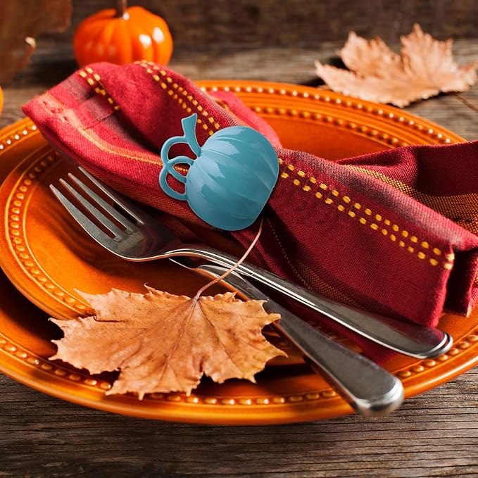 Patelai 12 Pieces Pumpkin Napkin Rings Fall Napkin Holders Thanksgiving Halloween Dinner Tables Rings for Thanksgiving Dinner Party Weddings Family Gatherings (Blue)