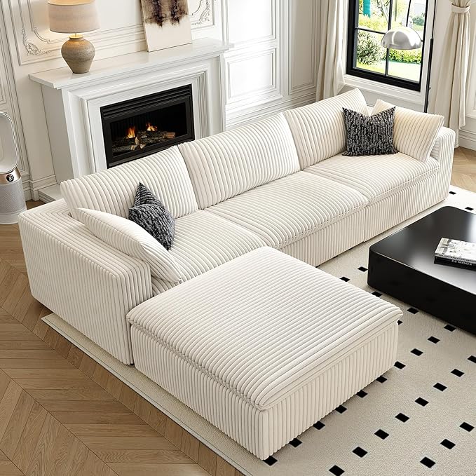 118" Cloud Couch Modular Sectional Sofa for Living Room,Modern Sofa with Deep Seat,L-Shape Boneless Couch with Ottoman,Comfy Upholstered Corduroy Couches for Apartment, Studio, Office,Bedroom,White