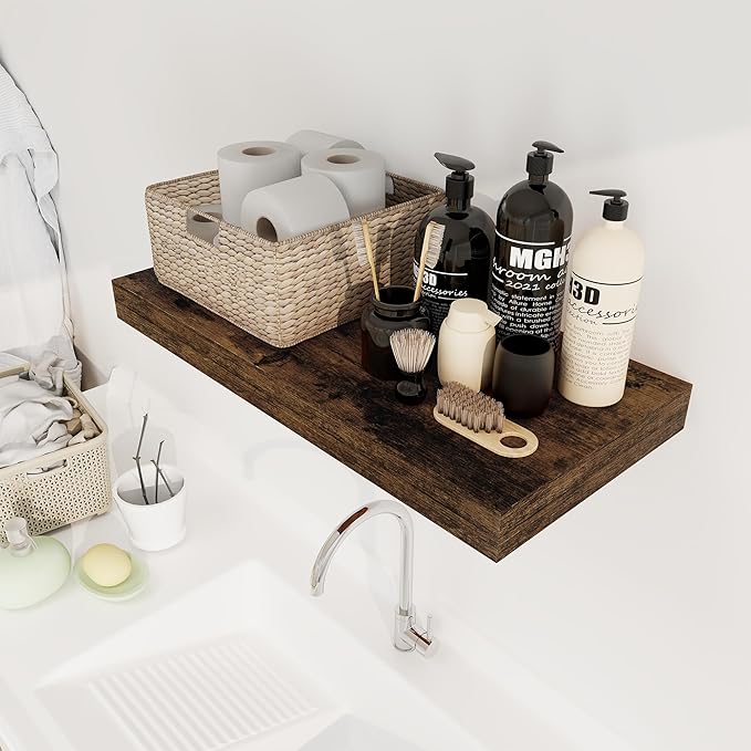 12 Inch Deep Floating Shelves, 24 x 12 Floating Shelf for Books, Rustic Wood Deep Wall Shelves for Home Storage & Display, 2" Thicked Shelves for Kitchen, Living Room, Bedroom, Rustic Brown, 2 Pack