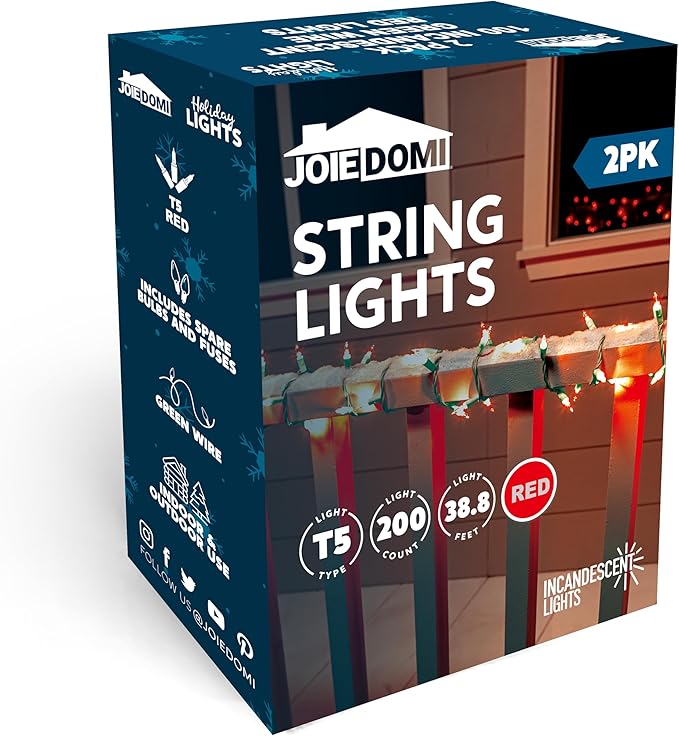 Joiedomi Red Christmas Lights Outdoor,42.8FT Christmas Tree Lights Outside,200(2x100) Count String Lights,Green Wire Xmas Lights for Decorations Indoor Holiday Theme Party Yard House