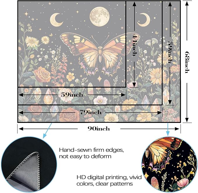 Lunerfex Boho Butterfly Tapestry Flower Moon Wall Tapestry, Moon Phases Tapestries for Bedroom Cute Tapestries Wall Hanging for Bedroom Living Room Decor Butterfly-2 44"x60"