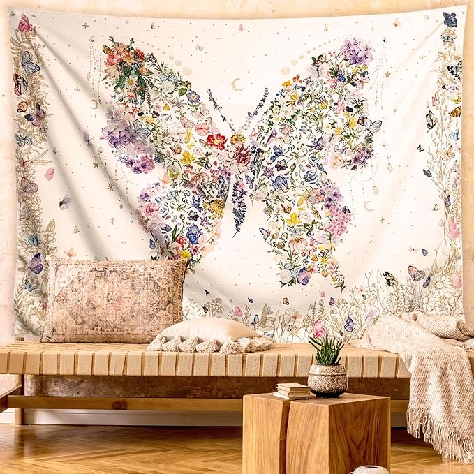 Damanse Butterfly Tapestry Wall Hanging Cute,Boho Wall Tapestry for Bedroom Aesthetic,Flower Living Room Decor for Teen Girls (White, 59.80" x 78.70")