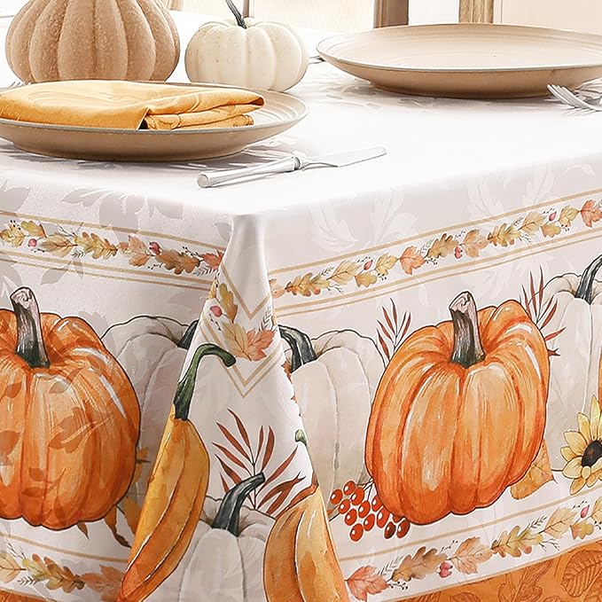 Softalker Fall Jacquard Rectangle Tablecloth, Thanksgiving Pumpkins Waterproof Table Cloth, Autumn Harvest Washable Table Cover for Holiday, Dining, Party Decor, 60 x 84 Inch