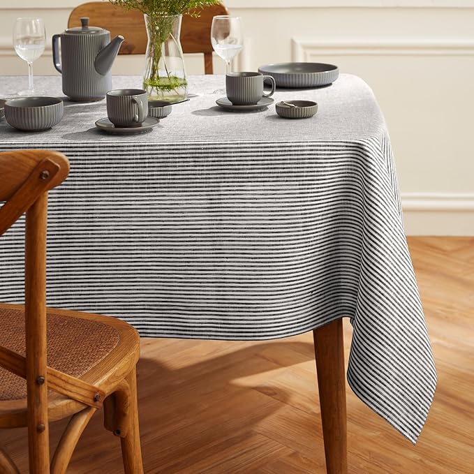 Solino Home Linen Tablecloth 60 x 120 Inch - Narrow Stripe 100% Pure Linen Black and White Table Cloth for Rectangle Tables - Machine Washable Tablecloth for Fall, Autumn, Halloween, Thanksgiving