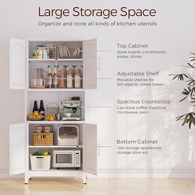 75" Tall Kitchen Pantry Storage Cabinet, Metal Storage Cabinets with 4 Doors and Adjustable Shelves,White Kitchen Hutch Cabinet with Microwave Stand, Large Cupboard for Dining Living Room