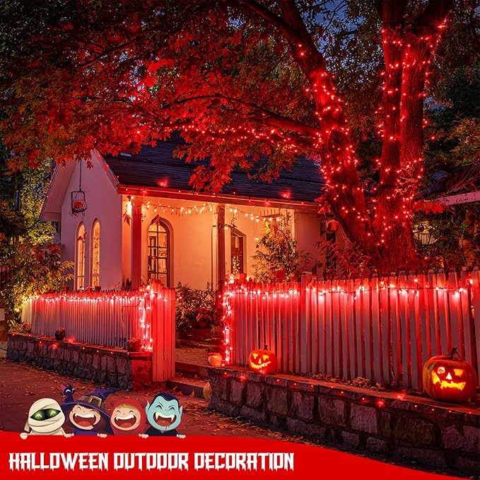 JMEXSUSS 2 Pack Red Solar Lights Outdoor Waterproof, Total 400 LED 151FT Red Halloween Lights, 8 Modes Solar Christmas String Light for Outside Yard Patio Garden Tree Decorations