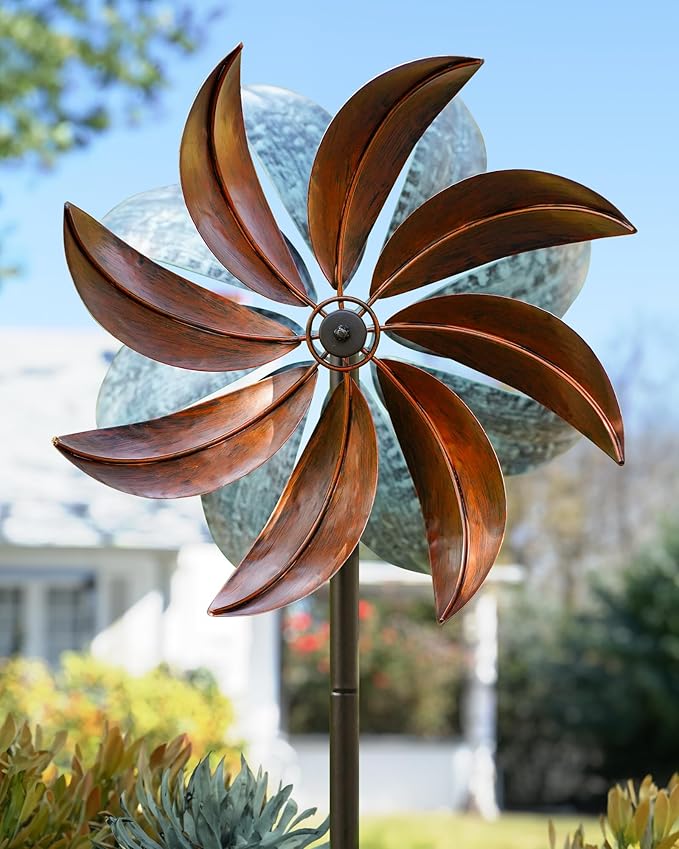 Wind Spinners Outdoor, Copper Teal Kinetic Wind Spinner with Stake, Garden Yard Spinners Windmill Decor for Patio Lawn (12" W x 70" H)