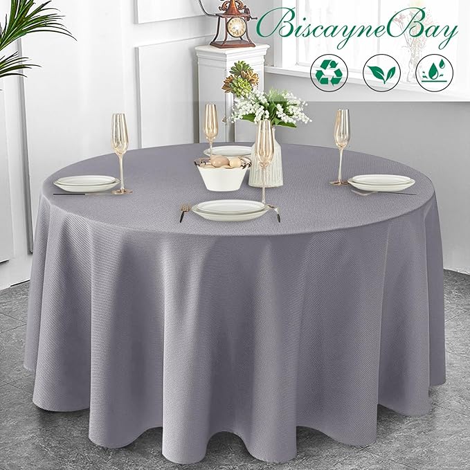 Biscaynebay Textured Fabric Round Tablecloths 120", Silver Grey Water Resistant Table Cloth Circle Folding Table Covers Linen for Dining, Kitchen, Wedding and Parties etc. Machine Washable