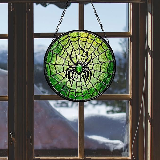 Stained Glass Window Hanging - Black Green Horror Spider Web Suncatcher for Doors Garden Patio Sun Catchers Decor Christmas Halloween Birthday Gifts for Women Men Mom Nana Friend 11.8 in