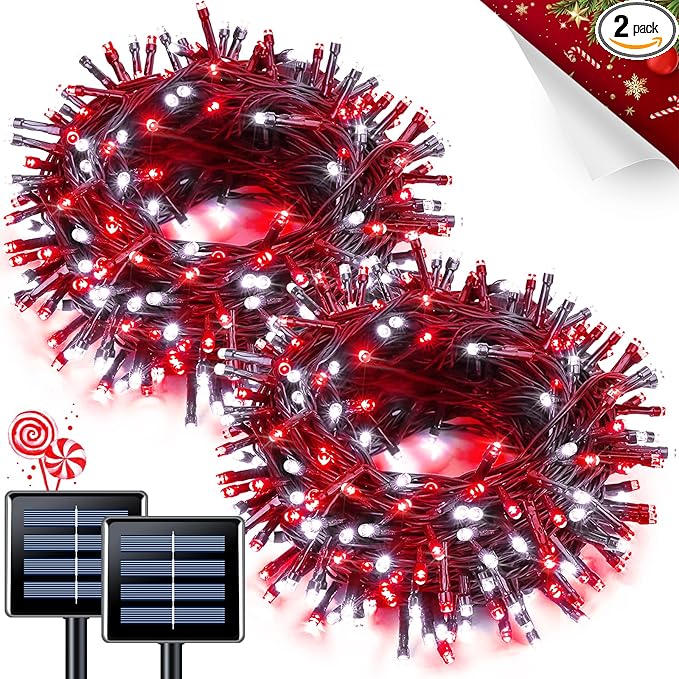JMEXSUSS 2 Pack Red and White Christmas Lights, Each 100 LED 33ft Solar String Lights Outdoor Waterproof, 8 Modes Green Wire Solar Lights for Outside Tree Garden Patio Party Decoration