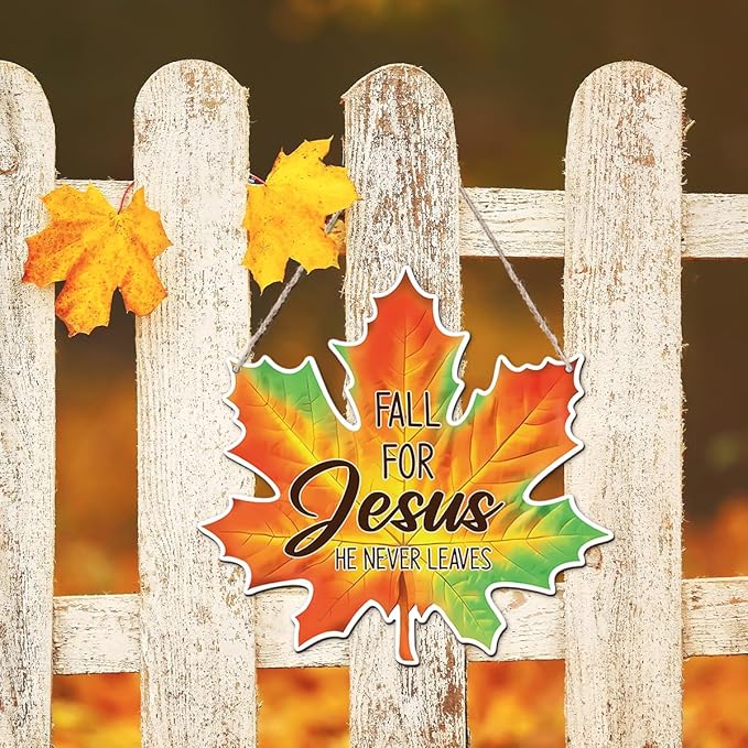 Maple Leaf Fall Decor, Fall for Jesus He Never Leaves Decor Sign Farmhouse Autumn Wreaths for Front Door Christian Jesus Hanger Sign Home Wall Autumn Halloween Thanksgiving Decoration