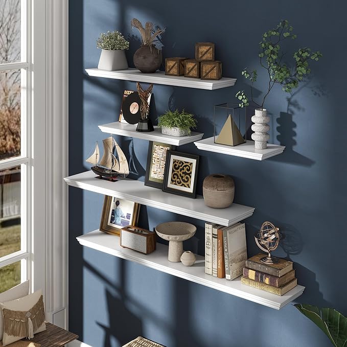 Floating Shelves for Wall, 16 Inch Wall Mounted White Hanging Shelf for Kitchen, Living Room, Office, Bedroom, Bathroom, Retro Vintage Wood Bookshelf for House Decor