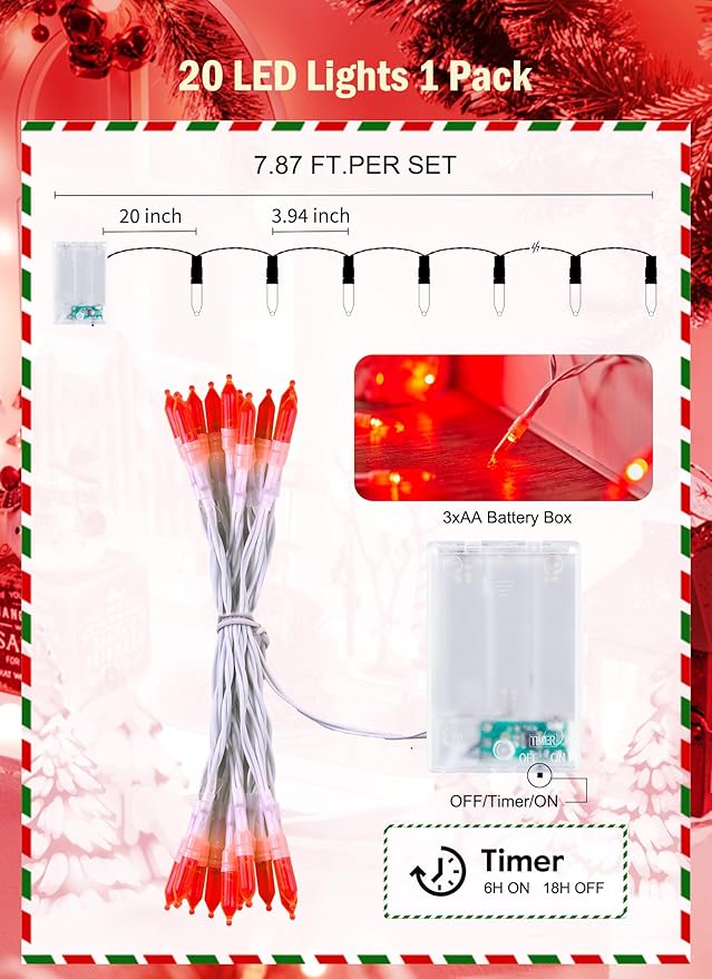 Battery Operated Christmas String Lights, 8ft 20 LED Mini Lights with Timer, Christmas Tree Lights for Indoor Outdoor Bedroom Wedding Party Holiday Xmas Decoration,Red