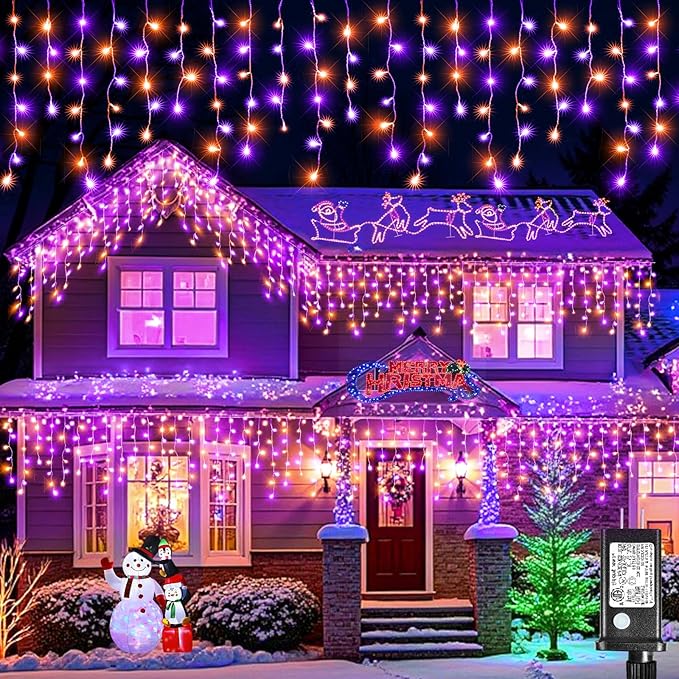 Halloween Icicle Lights, 66FT 640 LED Purple & Orange Icicle Lights for Outside with 8 Modes 120 Drops, Waterproof Plug in String Light for Indoor Outdoor House Yard Patio Party Holiday Decorations