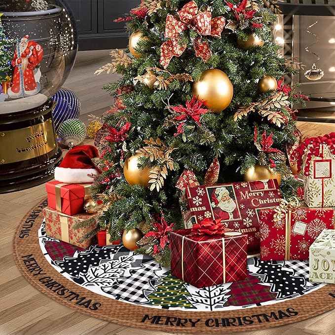 Christmas Tree Skirt 36 Inch, Black and White Buffalo Plaid Xmas Tree Skirts, Winter Christmas Trees Mat for Home Party Holiday Indoor Outdoor Decorations