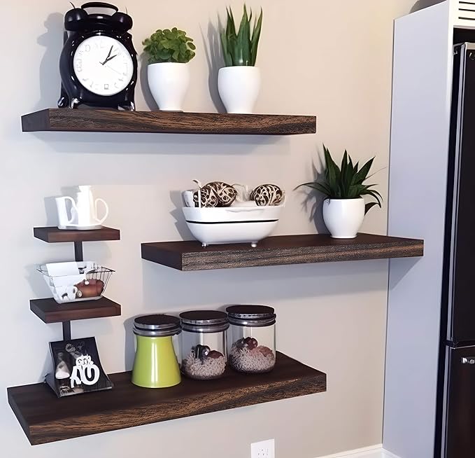 Wood Floating Shelves for Wall Decor, Rustic Wall Shelves for Bedroom Bathroom Kitchen Living Room, Set of 6 Walnut