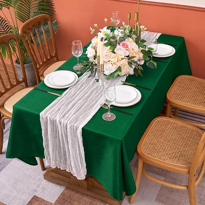 Fitable 2 Pack Faux Linen Christmas Tablecloths, Burlap Textured Table Cloth Rectangle, Decorative Table Covers for Winter Holiday Kitchen Dining Party Farmhouse (Hunter Green, 60 x 120 Inch)